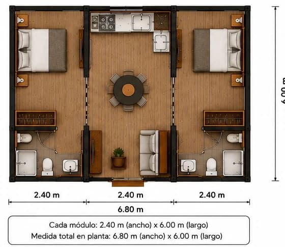 Planta de referencia de Mó Triple con tres módulos adosados, cotas de 6.80 metros por 6.00 metros y distribución ilustrativa