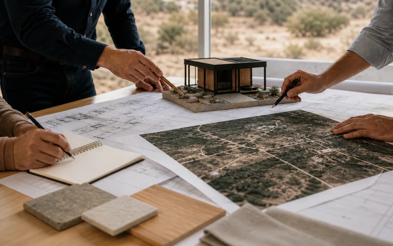 Mesa de trabajo con una maqueta modular, materiales y documentos de definición