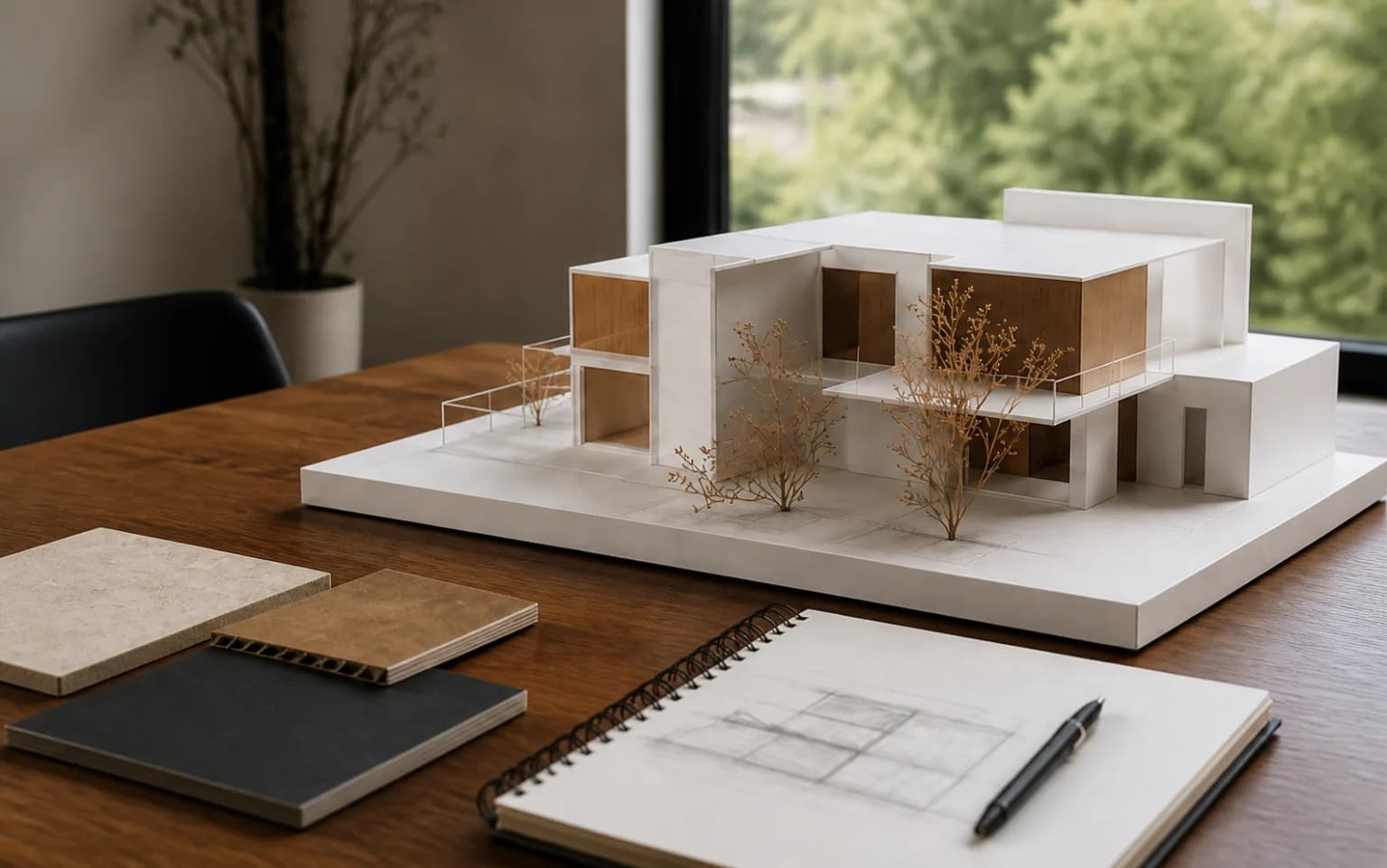 Maqueta de un espacio modular con muestras de materiales y libreta de trabajo